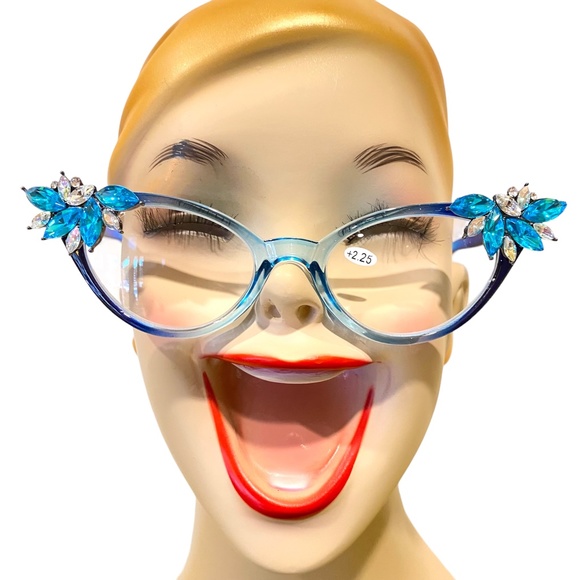 OOAK Vintage Vixen blue ombre frames with Turquoise rhinestones +.50 & +2.25 - Picture 1 of 9